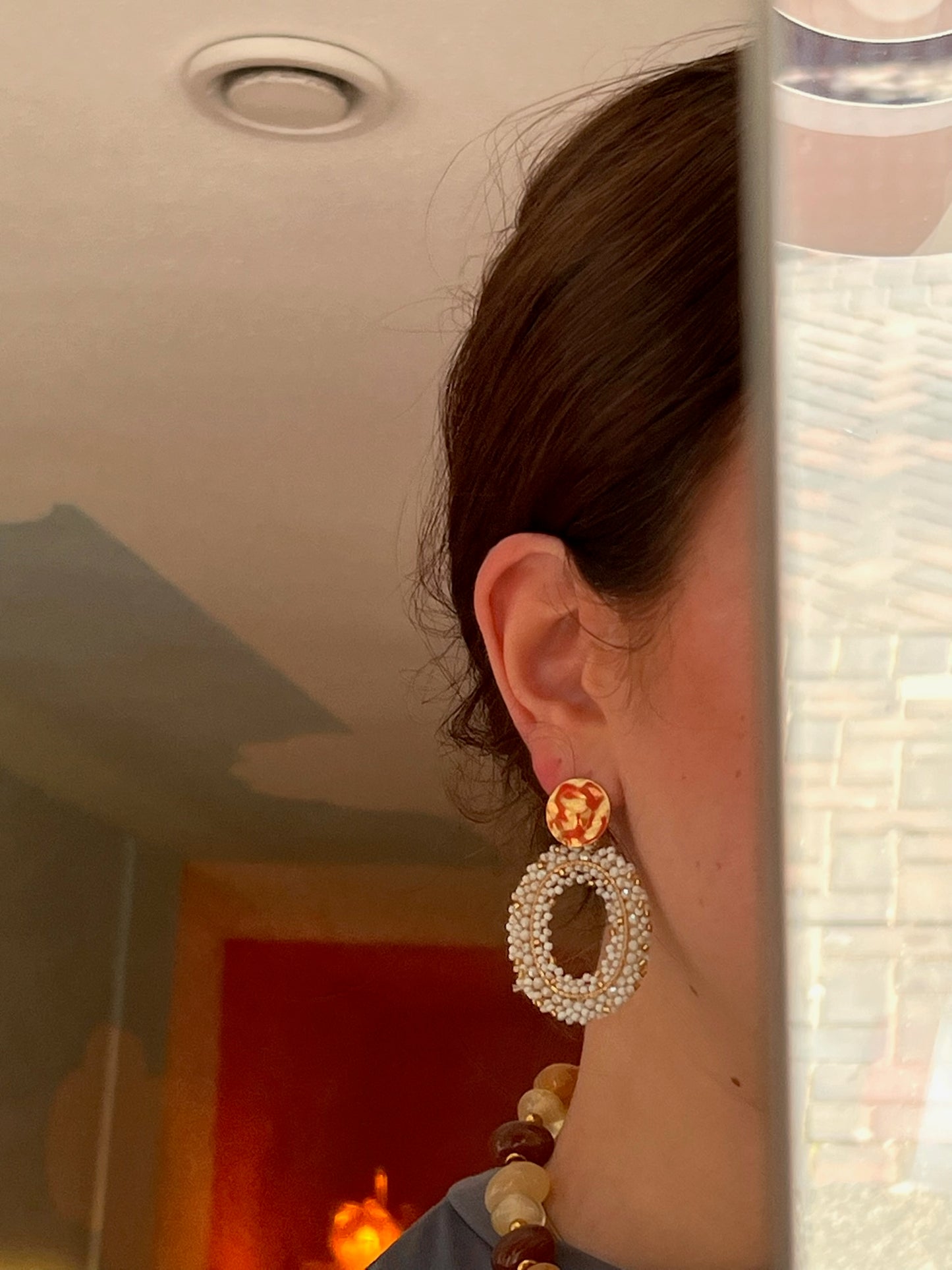 Oorbel beaded oval cream